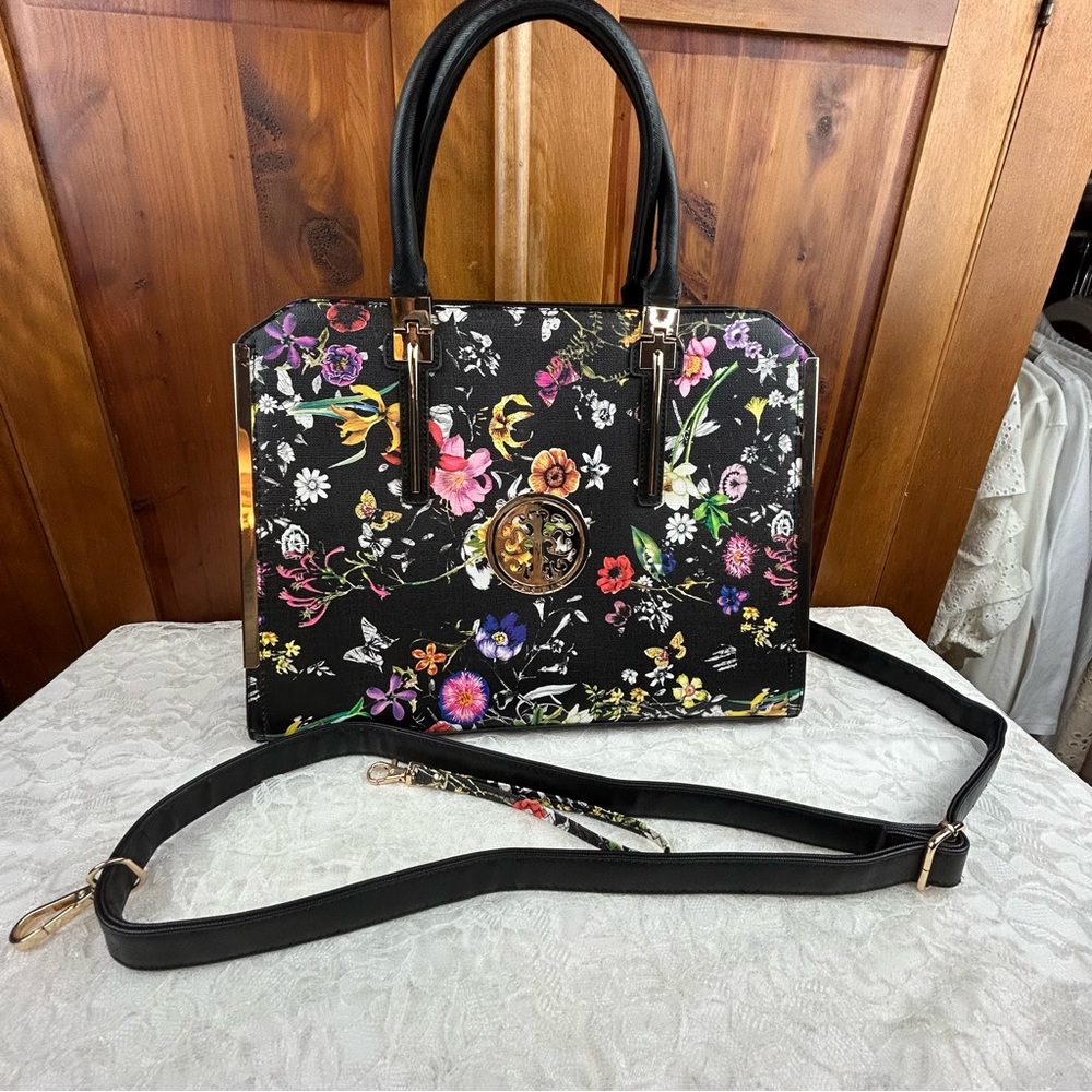 DASEIN Large Vegan Leather Floral Black Flower Satchel Handbag Shoulder Tote